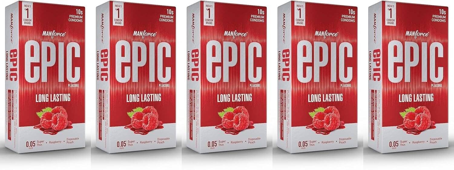     			Manforce Epic Pleasure Long Lasting Premium Condoms for Men Super Thin Raspberry Flavour Disposable Pouch (10 Counts) x Pack of 5