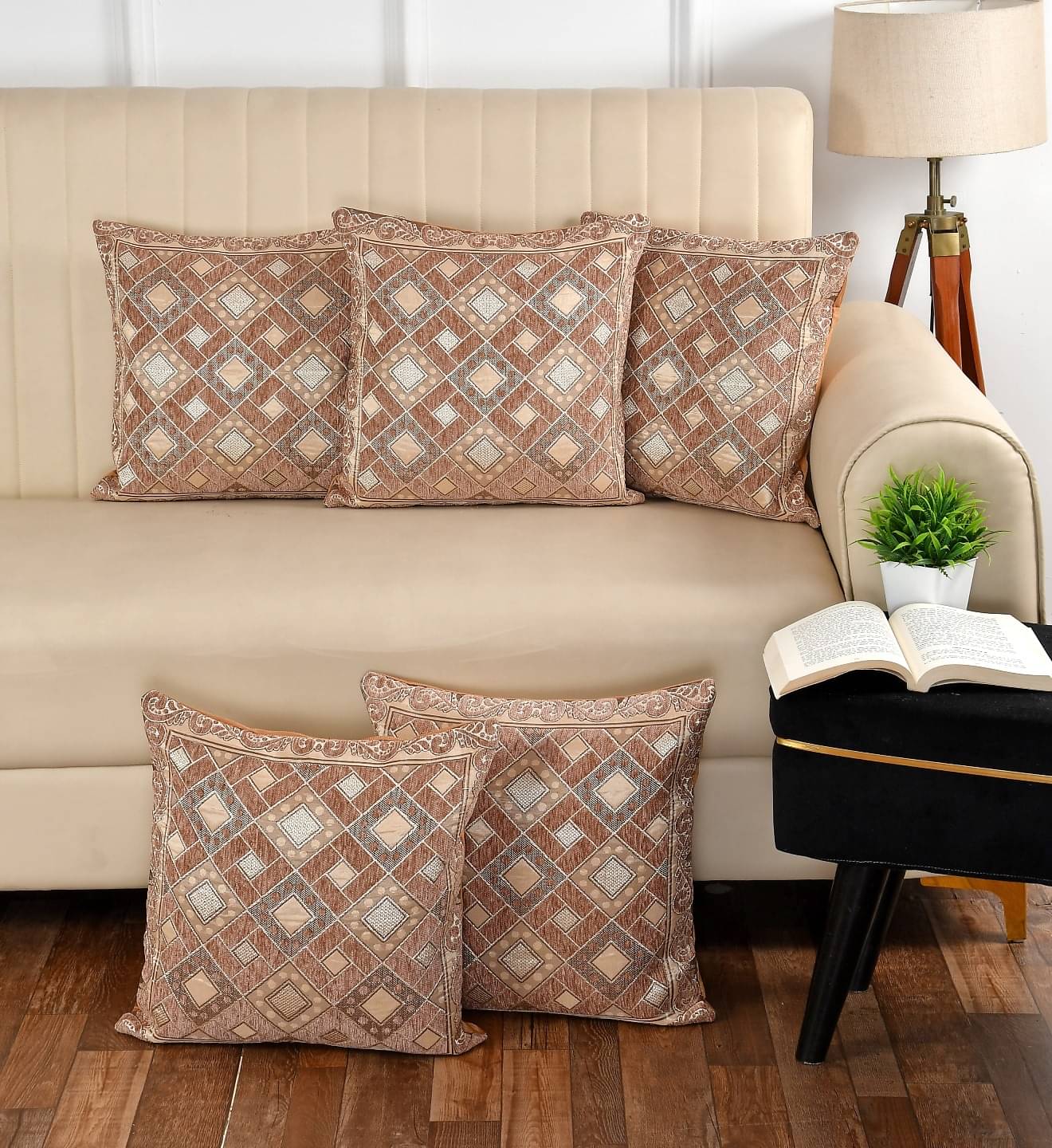     			Multitex Set of 5 Cotton Floral Square Cushion Cover (40X40)cm - Peach