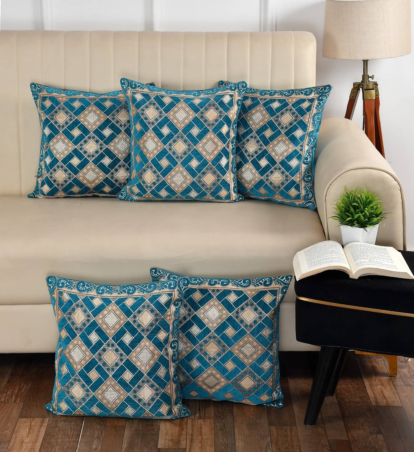     			Multitex Set of 5 Cotton Floral Square Cushion Cover (40X40)cm - Blue