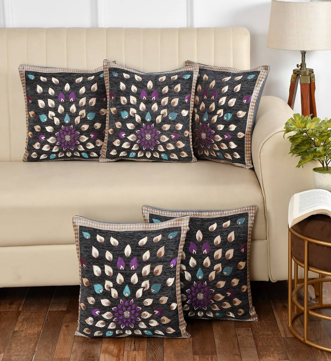     			Multitex Set of 5 Velvet Floral Square Cushion Cover (40X40)cm - Gray