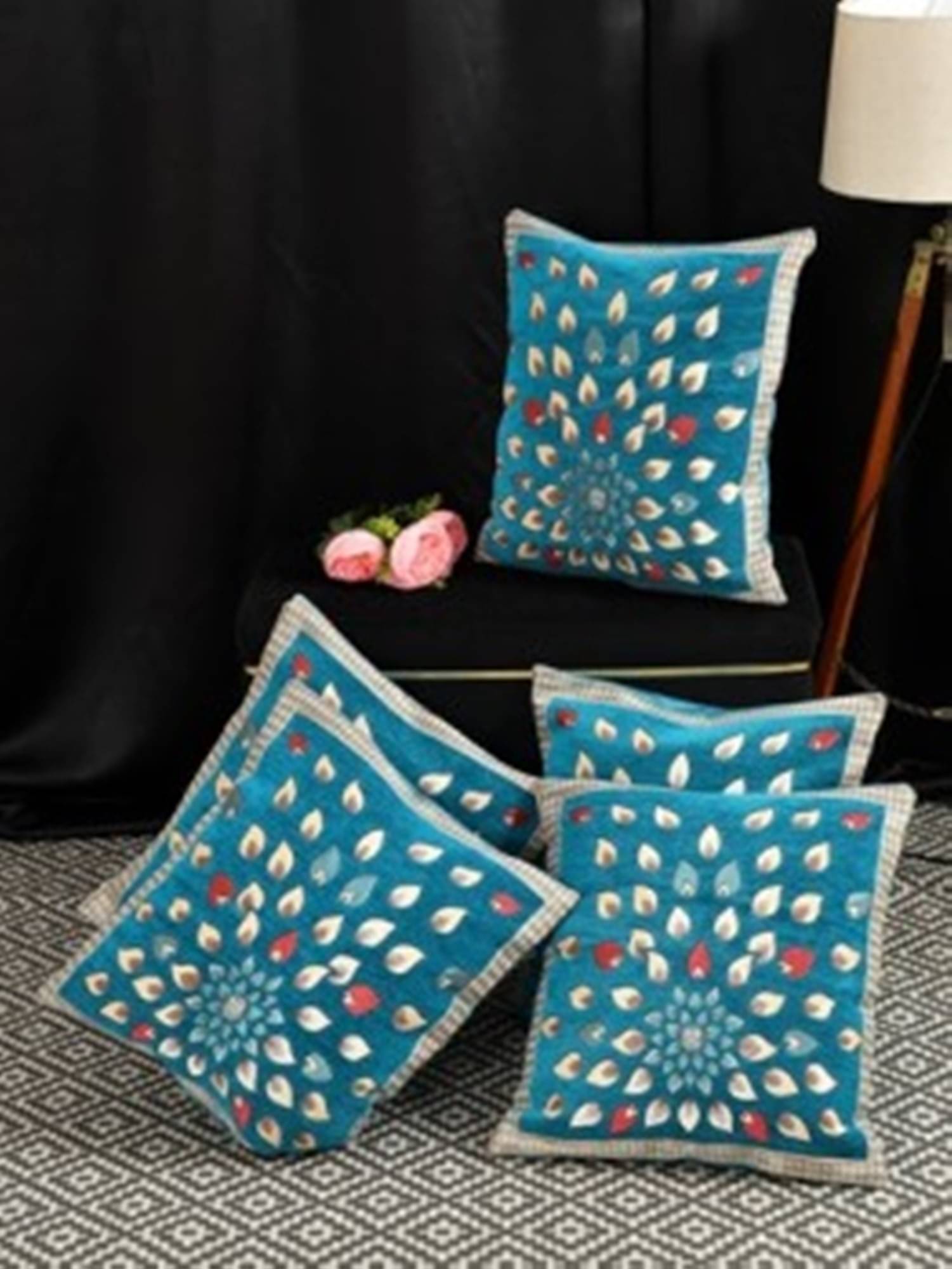     			Multitex Set of 5 Velvet Floral Square Cushion Cover (40X40)cm - Blue