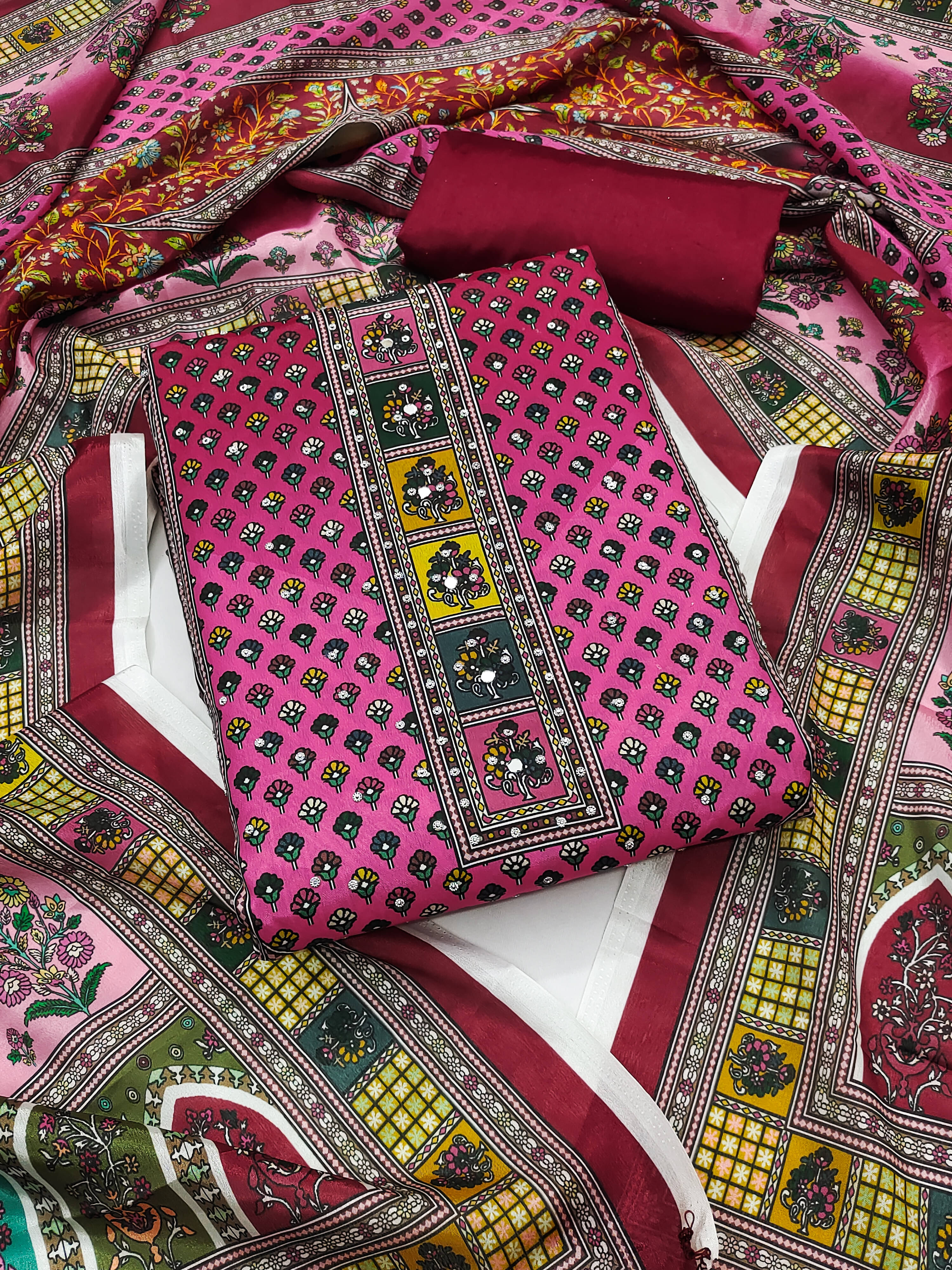 Nayanthara Trends Unstitched Silk Blend Printed Dress Material - Pink ( Pack of 1 ) Nayanthara Trends Unstitched Silk Blend Printed Dress Material - Pink ( Pack of 1 )