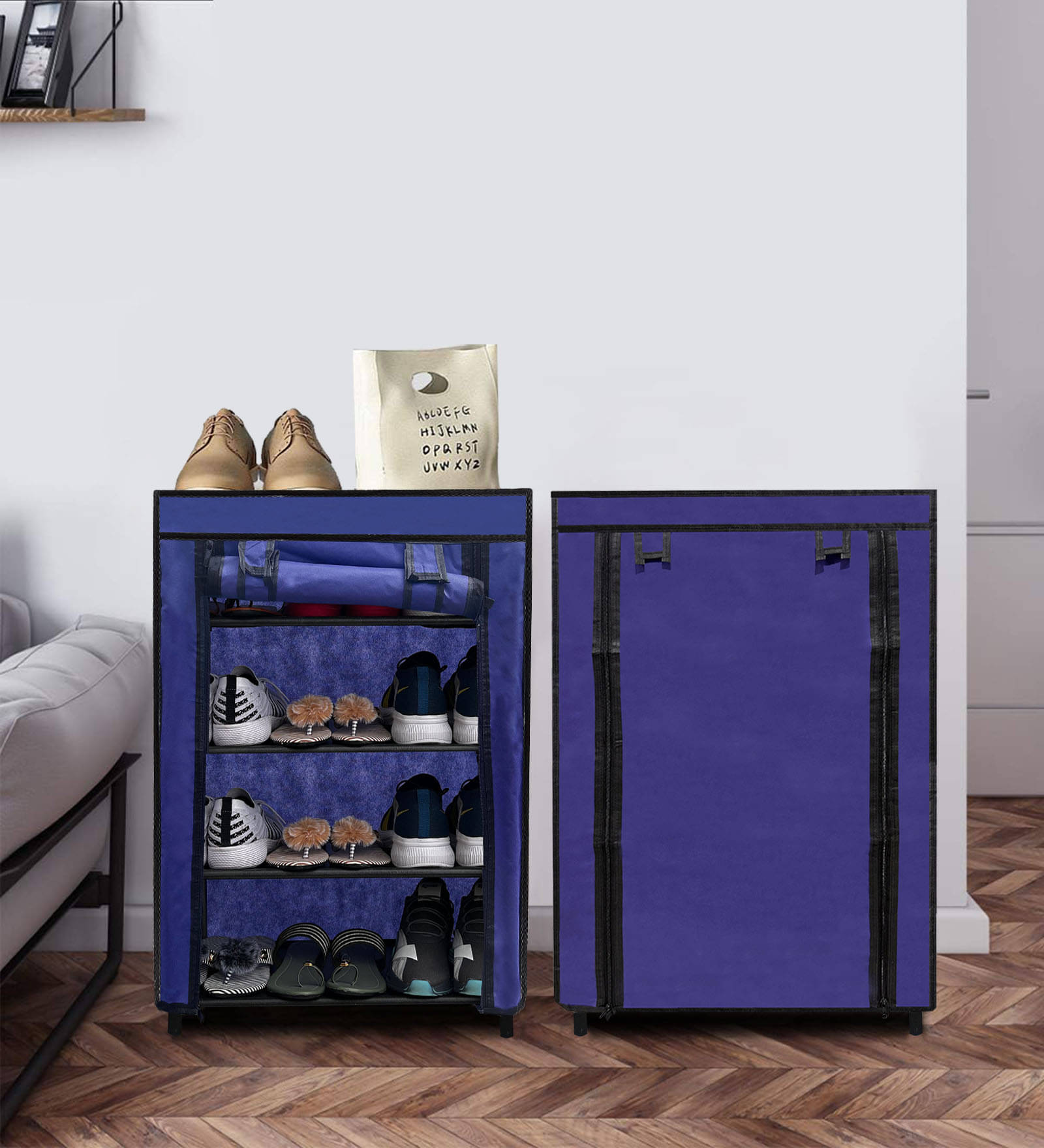     			PHILOSHOP 4 Layer Metal Shoe Rack Stand with Cover Shoe Organiser for Home & Office (Blue)