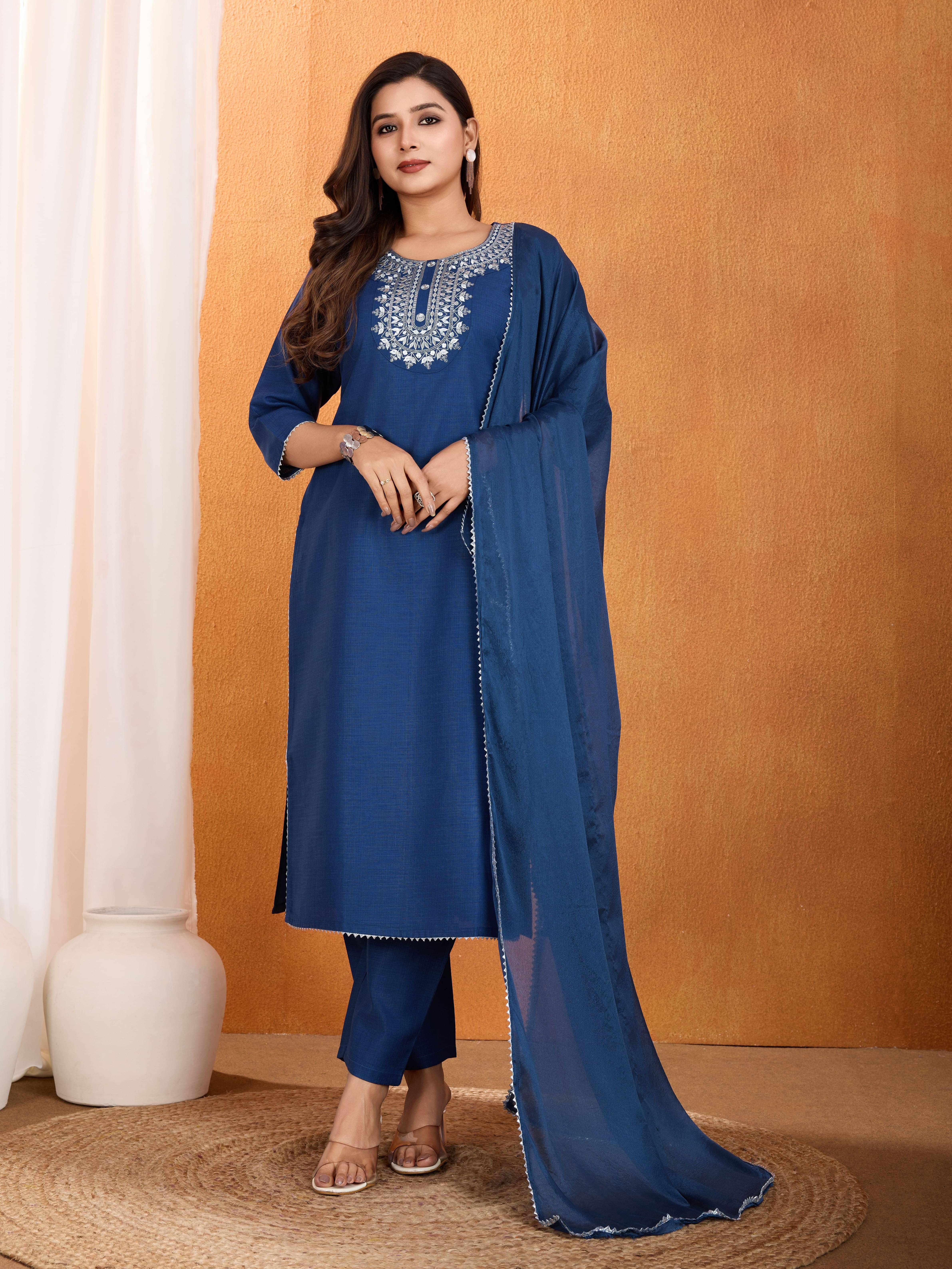 RAS RANI Cotton Blend Embellished Kurti With Pants Women's Stitched Salwar Suit - Blue ( Pack of 1 ) RAS RANI Cotton Blend Embellished Kurti With Pants Women's Stitched Salwar Suit - Blue ( Pack of 1 )