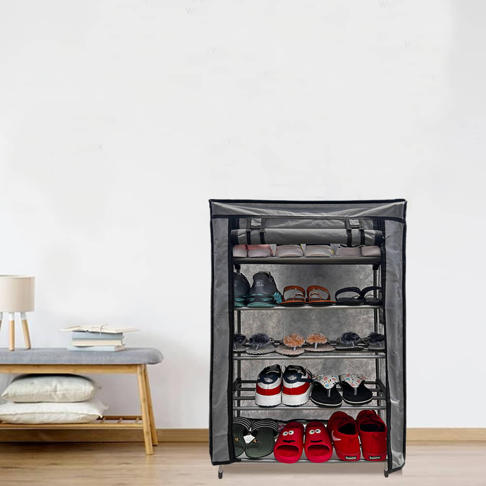     			RMERCHANTS 5 Layer Metal Shoe Rack Stand with Cover Shoe Organiser for Home & Office (Grey)