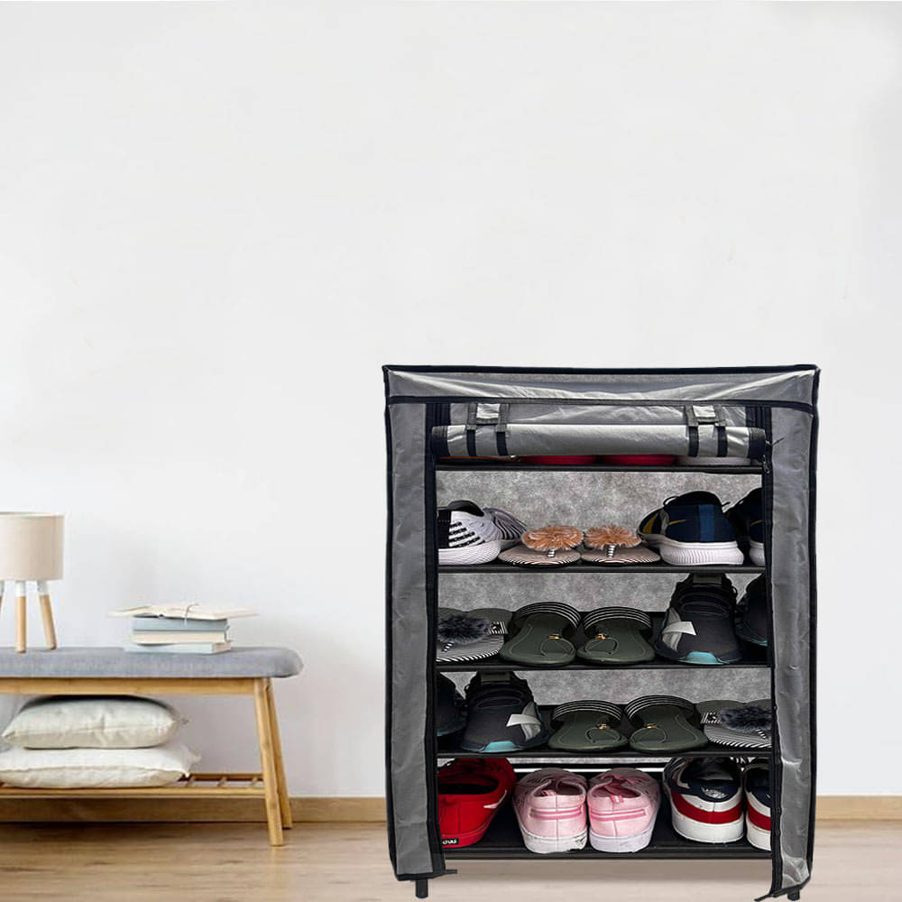     			RMERCHANTS 5 Layer Metal Shoe Rack Stand with Cover Shoe Organiser for Home & Office (Grey)