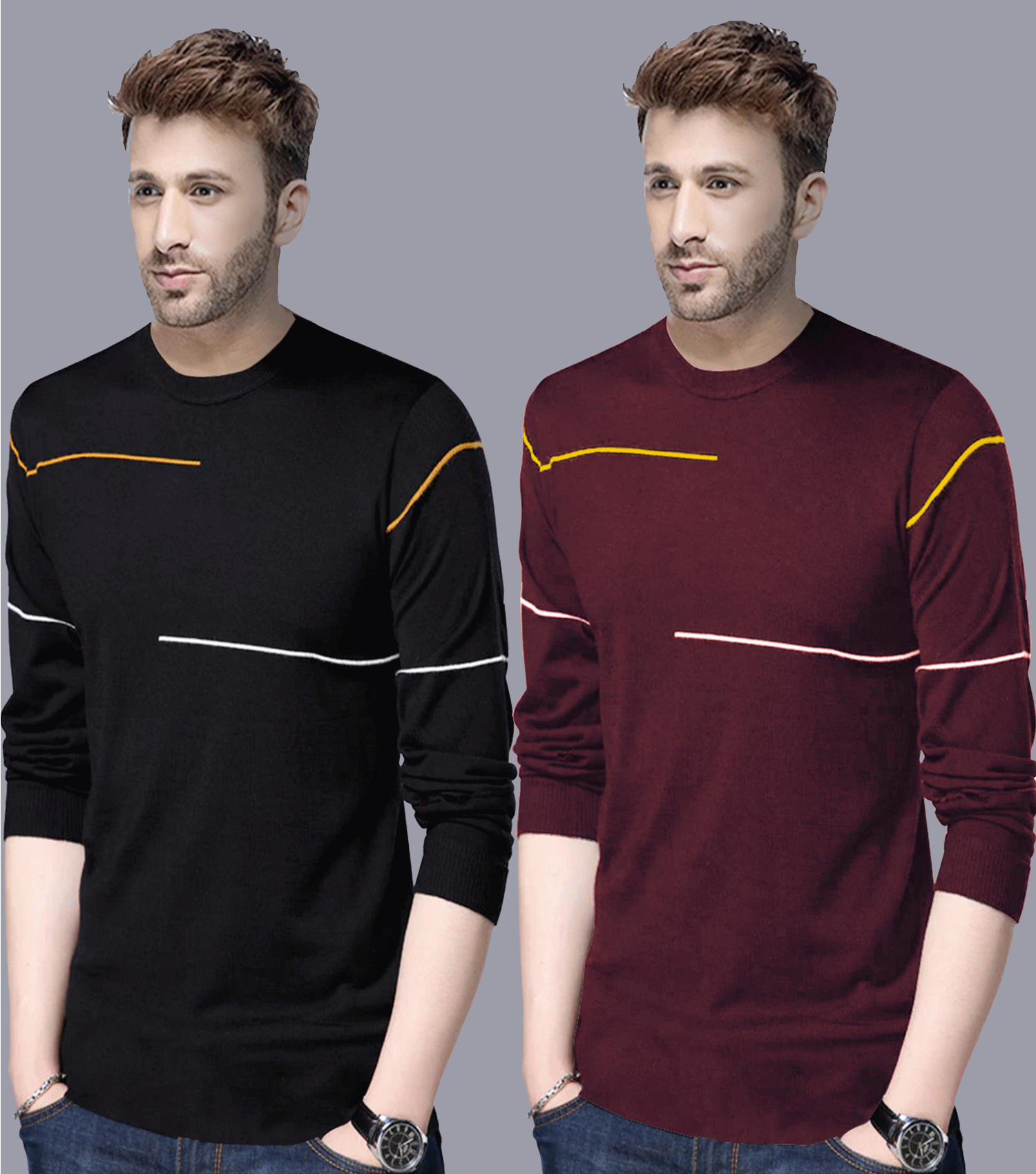     			Reya Cotton Blend Regular Fit Striped Full Sleeves Men's Round T-Shirt - Multicolor1 ( Pack of 2 )