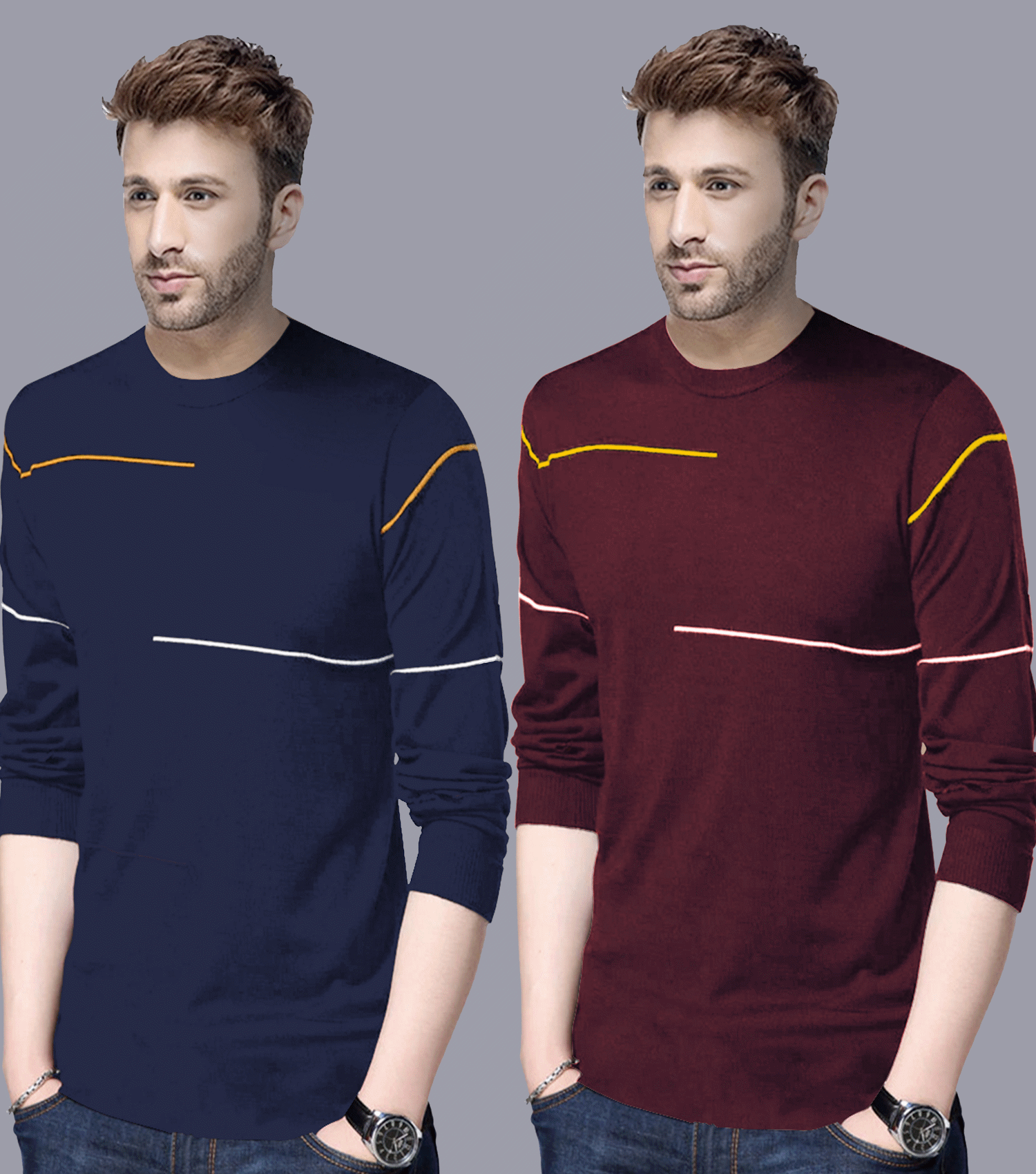 Reya Cotton Blend Regular Fit Striped Full Sleeves Men's Round T-Shirt - Multicolor2 ( Pack of 2 ) Reya Cotton Blend Regular Fit Striped Full Sleeves Men's Round T-Shirt - Multicolor2 ( Pack of 2 )