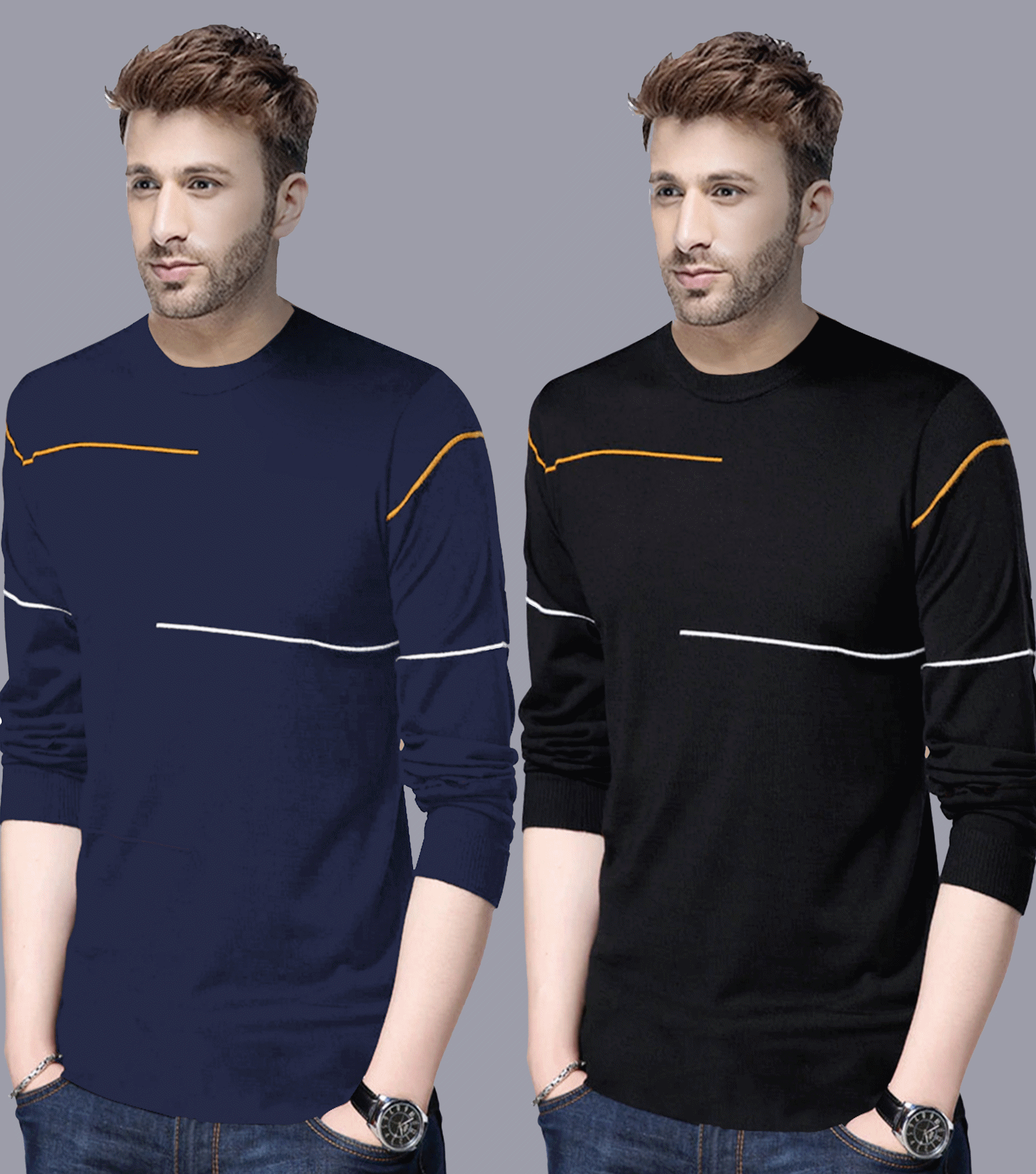 Reya Cotton Blend Regular Fit Striped Full Sleeves Men's Round T-Shirt - Multicolor3 ( Pack of 2 ) Reya Cotton Blend Regular Fit Striped Full Sleeves Men's Round T-Shirt - Multicolor3 ( Pack of 2 )