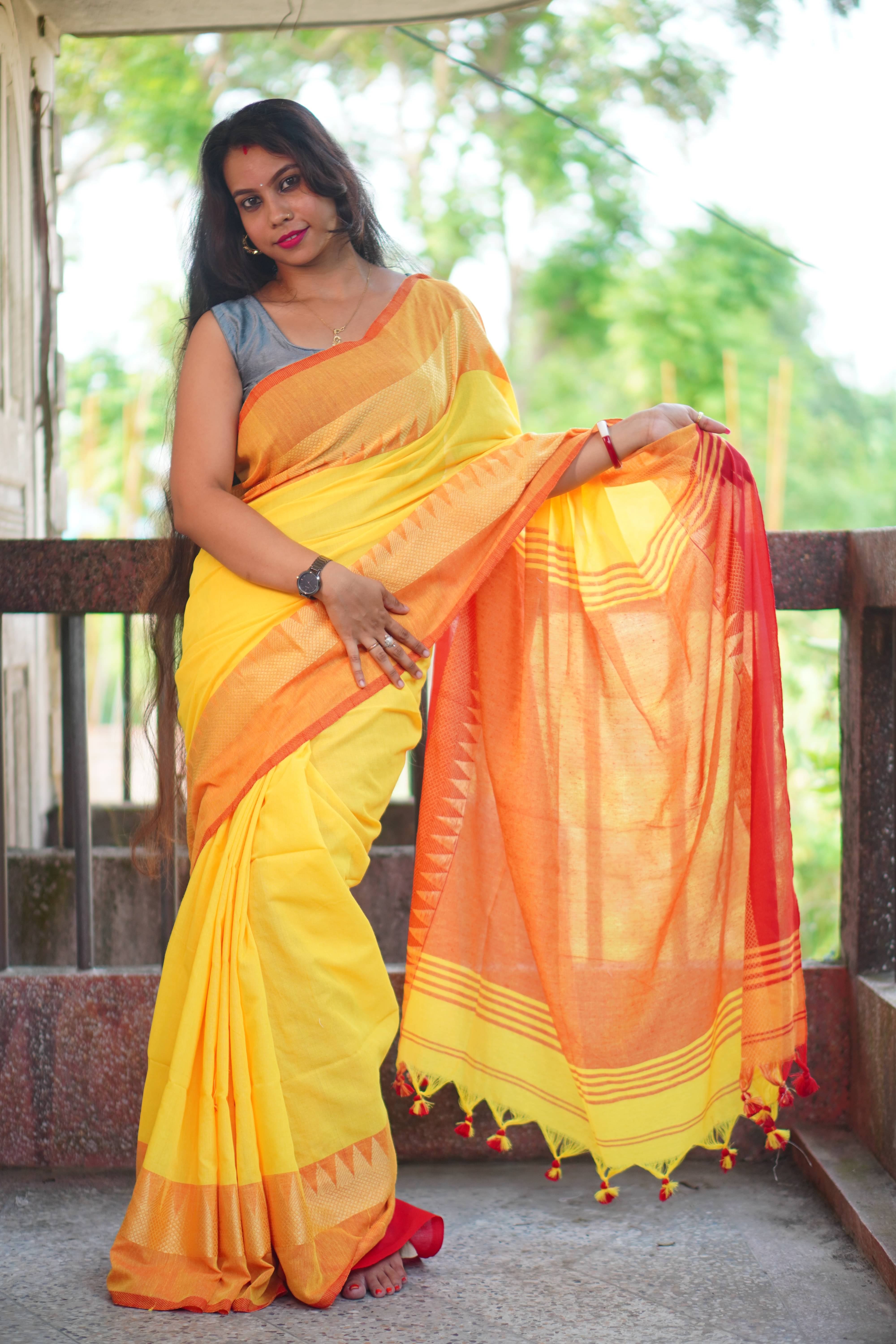     			SARADA HANDLOOM Cotton Embellished Saree With Unstitched Blouse Piece ( Yellow )