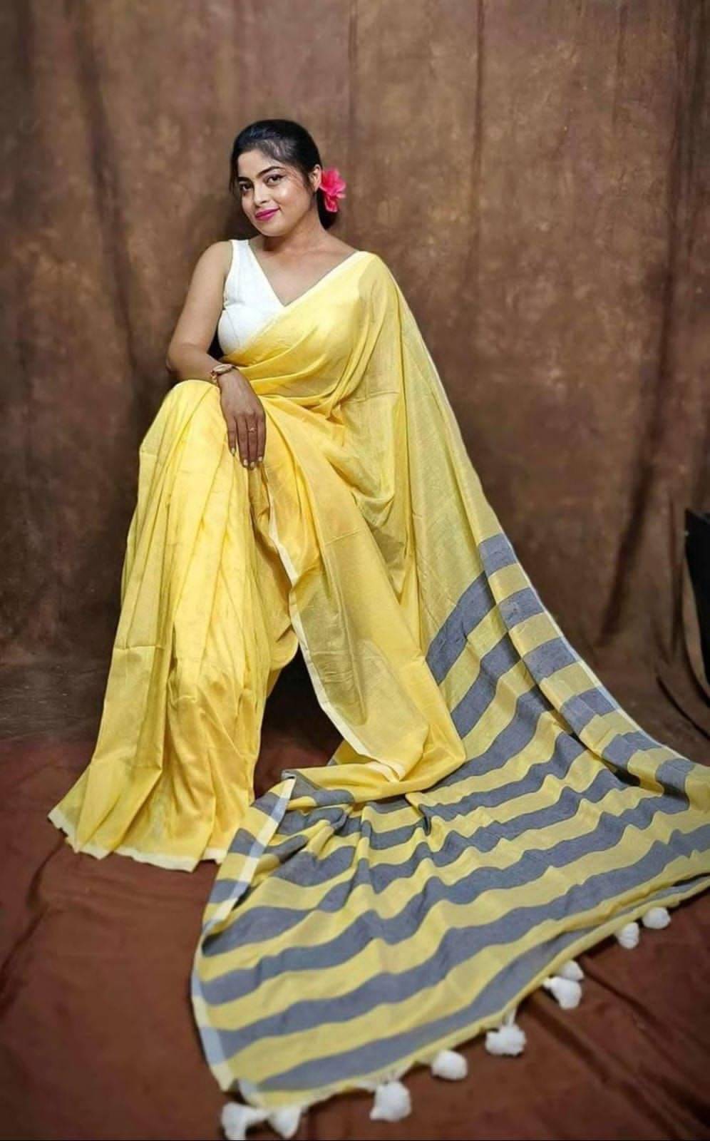     			SARADA HANDLOOM Cotton Striped Saree With Unstitched Blouse Piece ( Yellow )