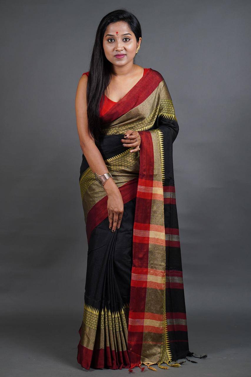     			SARADA HANDLOOM Cotton Striped Saree With Unstitched Blouse Piece ( Blue )