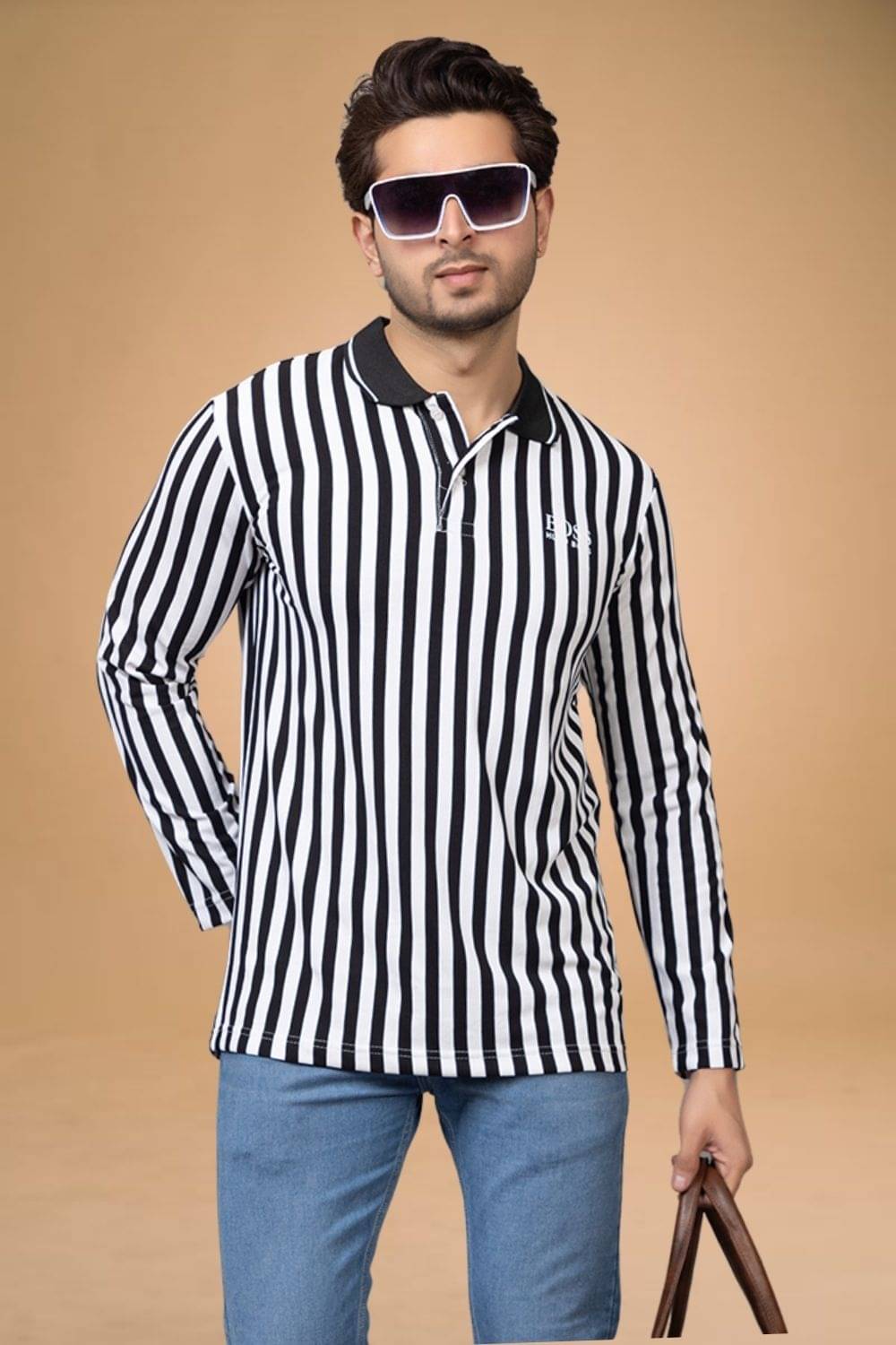 SHREYNKA Pack of 1 Cotton Blend Regular Fit Striped Full Sleeves Men's Polo T Shirt ( Black ) SHREYNKA Pack of 1 Cotton Blend Regular Fit Striped Full Sleeves Men's Polo T Shirt ( Black )