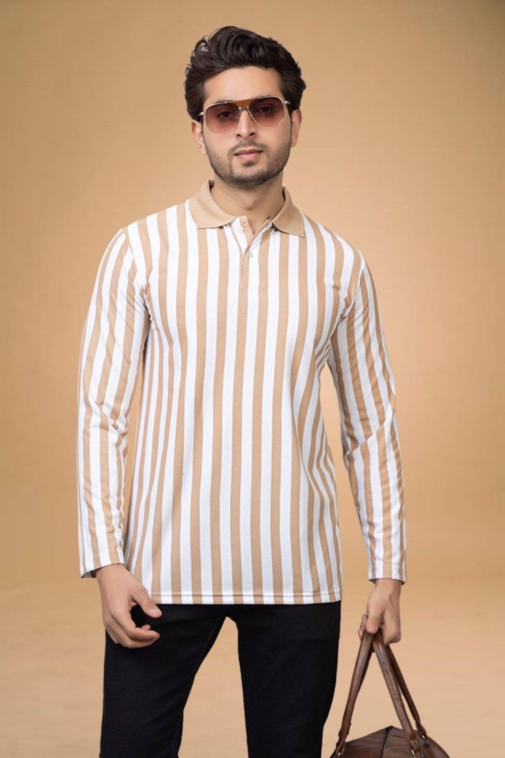 SHREYNKA Pack of 1 Cotton Blend Regular Fit Striped Full Sleeves Men's Polo T Shirt ( Camel )     			SHREYNKA Pack of 1 Cotton Blend Regular Fit Striped Full Sleeves Men's Polo T Shirt ( Camel )