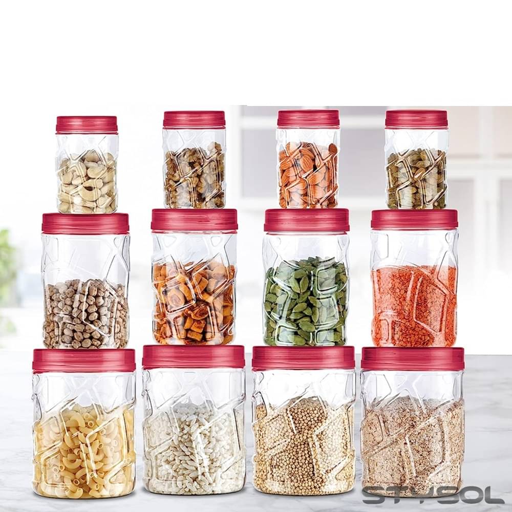     			Stysol 12 Jar Container  Plastic Red Dal Container ( Set of 12 )