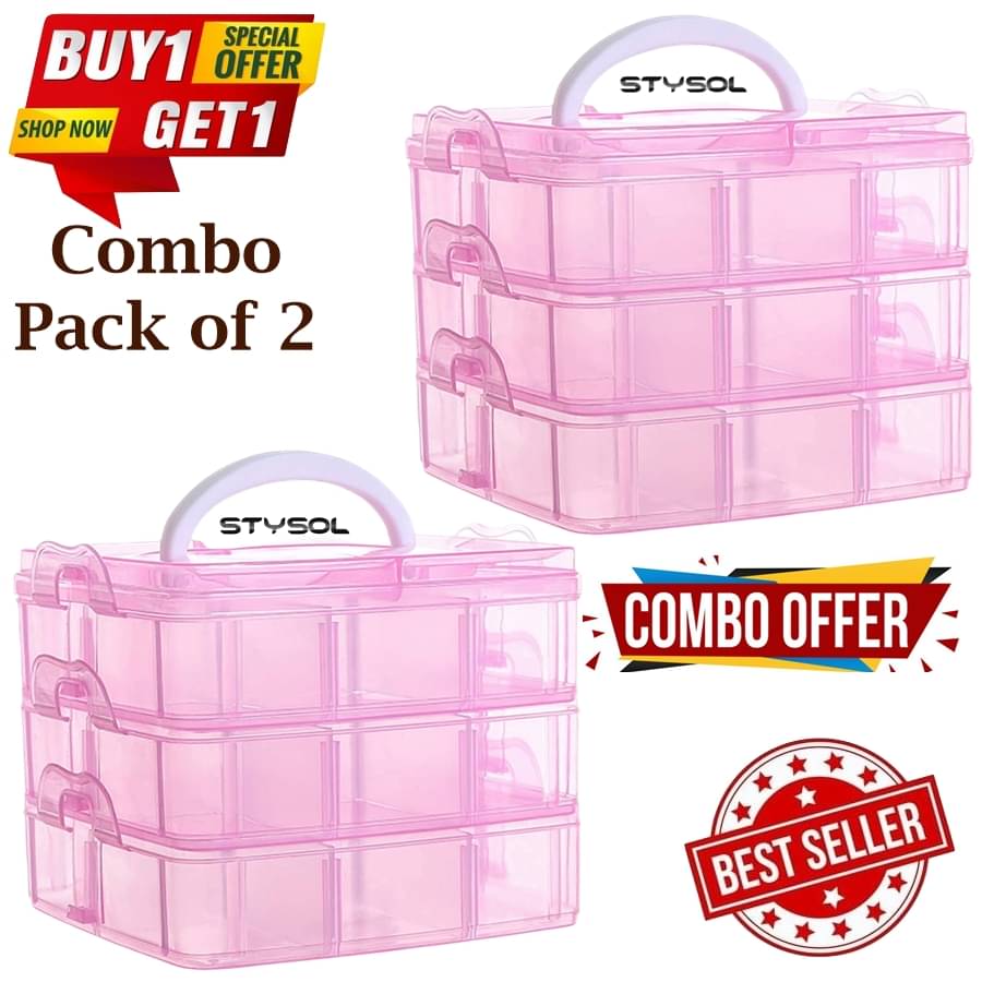 Stysol 18 Grid Pack Of 2 Jewellery Organiser Storage Box Cosmetic Box Plastic 3 Layer With Handle Storage Organizer For Small Items Stysol 18 Grid Pack Of 2 Jewellery Organiser Storage Box Cosmetic Box Plastic 3 Layer With Handle Storage Organizer For Small Items