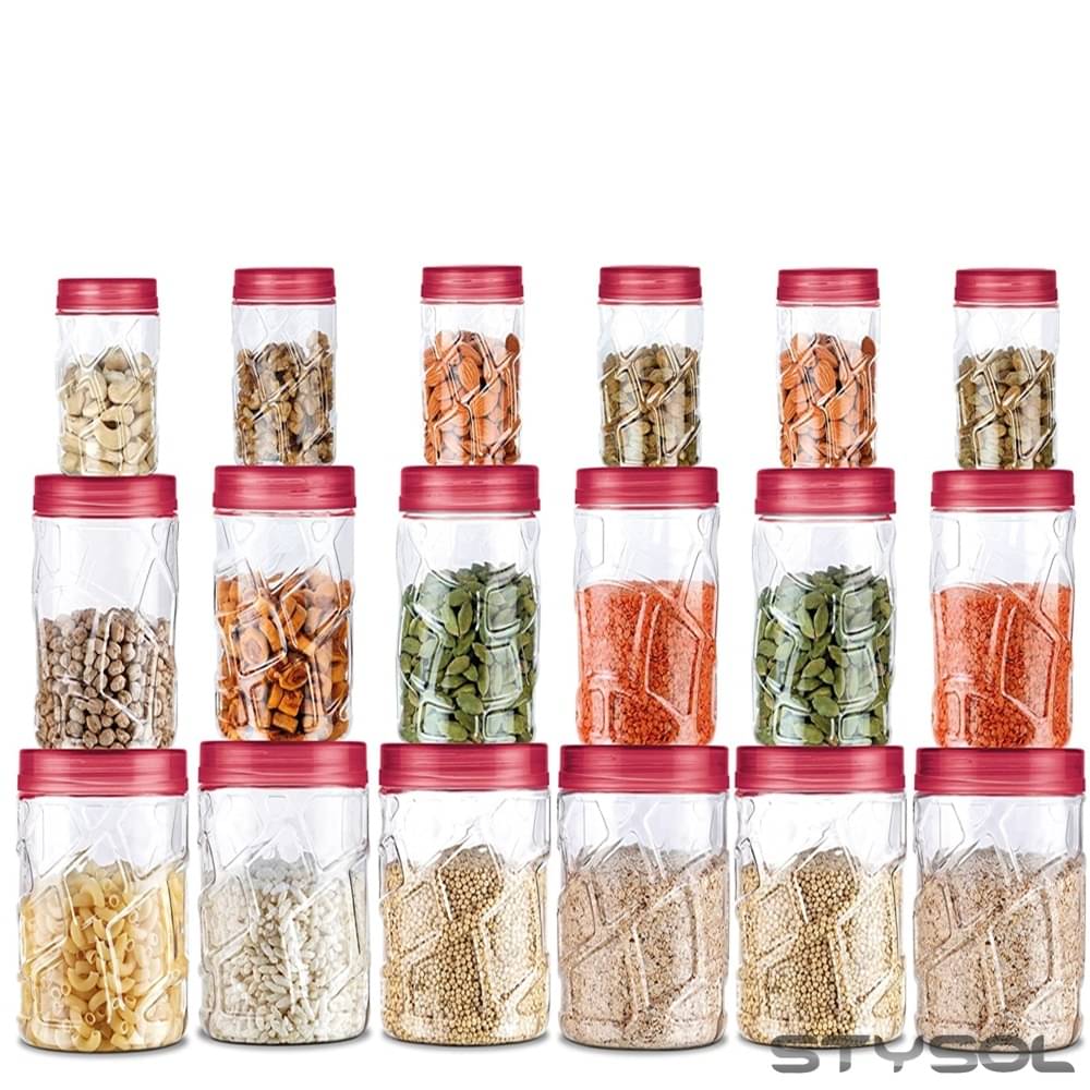     			Stysol 18 Jar Container  Plastic Red Dal Container ( Set of 18 )