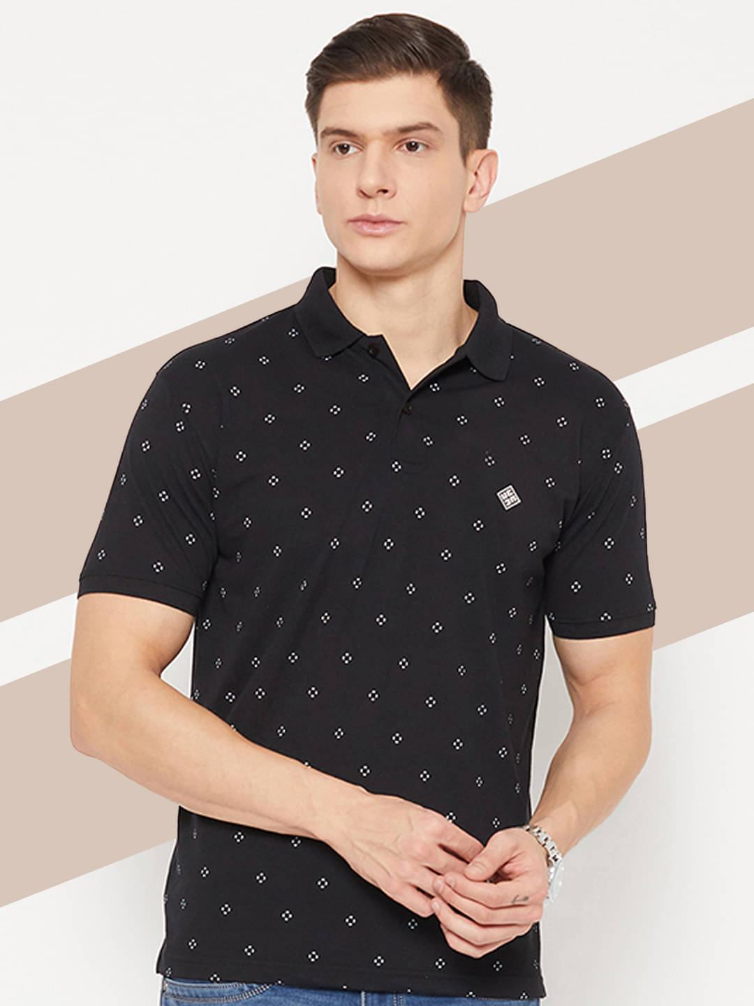 UBX Pack of 1 Cotton Blend Regular Fit Printed Half Sleeves Men's Polo T Shirt ( Black )     			UBX Pack of 1 Cotton Blend Regular Fit Printed Half Sleeves Men's Polo T Shirt ( Black )
