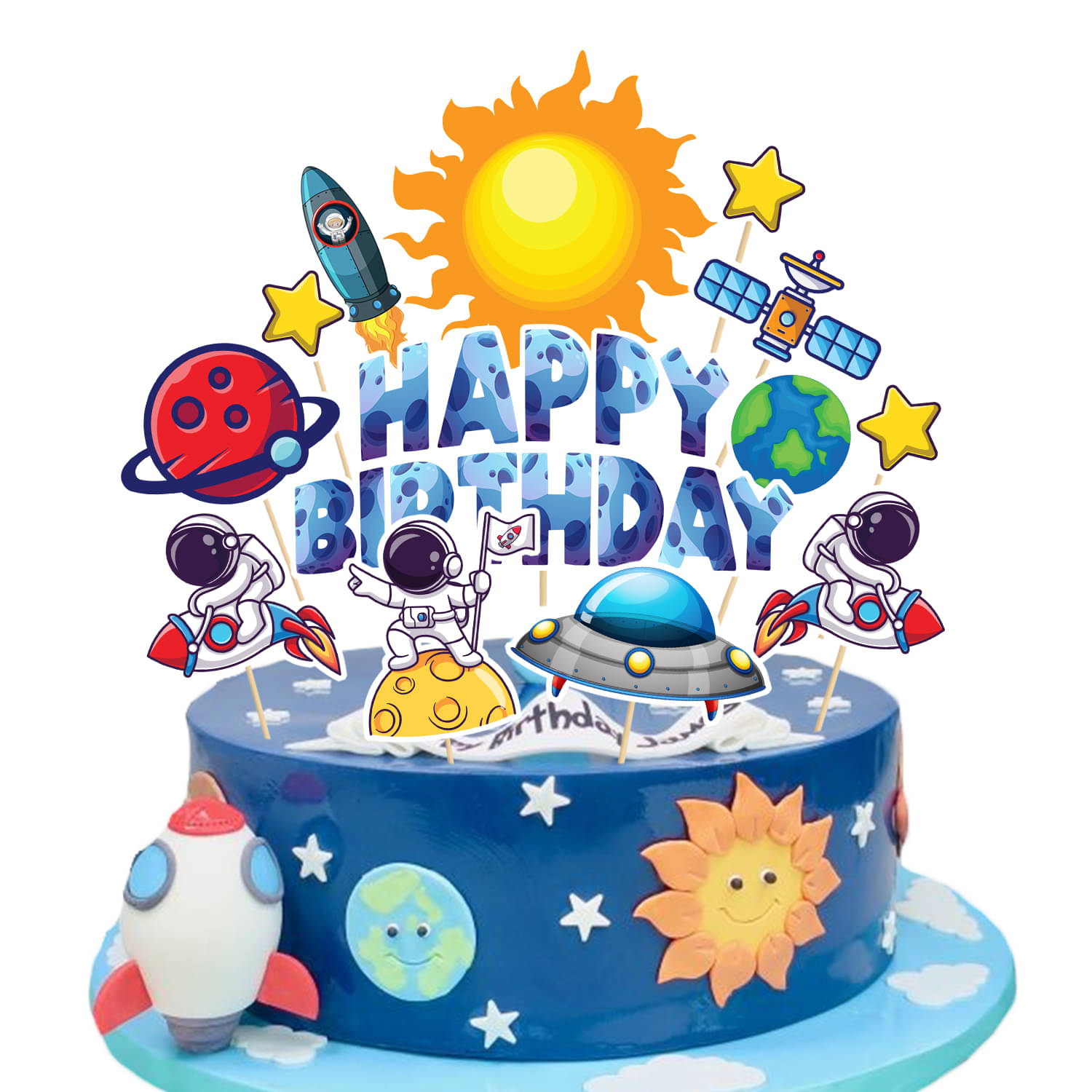     			Zyozi 1 Set Space Rocket Spaceship Planet Astronaut and Spacecraft Cupcake Topper and Happy Birthday Cake Topper Decorations Supplies for Birthday Space Theme Party