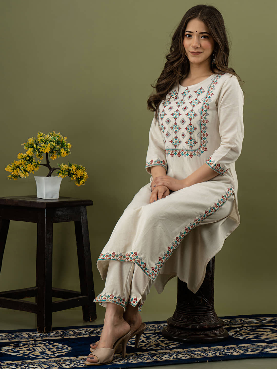 feranoid Cotton Blend Embroidered Kurti With Pants Women's Stitched Salwar Suit - Beige ( Pack of 1 )