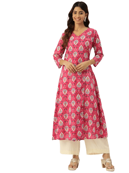     			feranoid Pack of 1 Cotton Blend Printed Flared Women's Kurti - ( Pink )