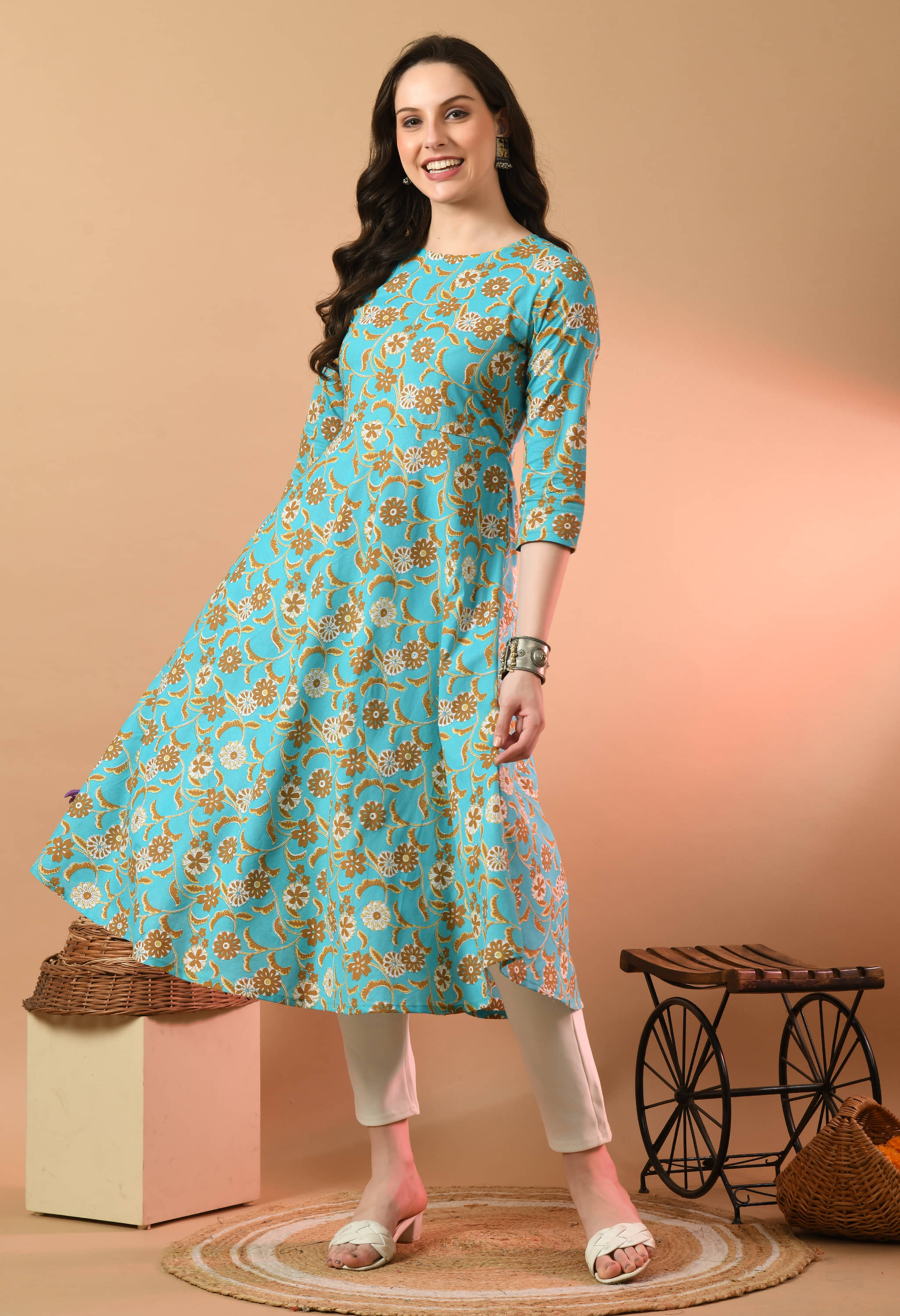     			feranoid Pack of 1 Cotton Blend Printed Flared Women's Kurti - ( Green )