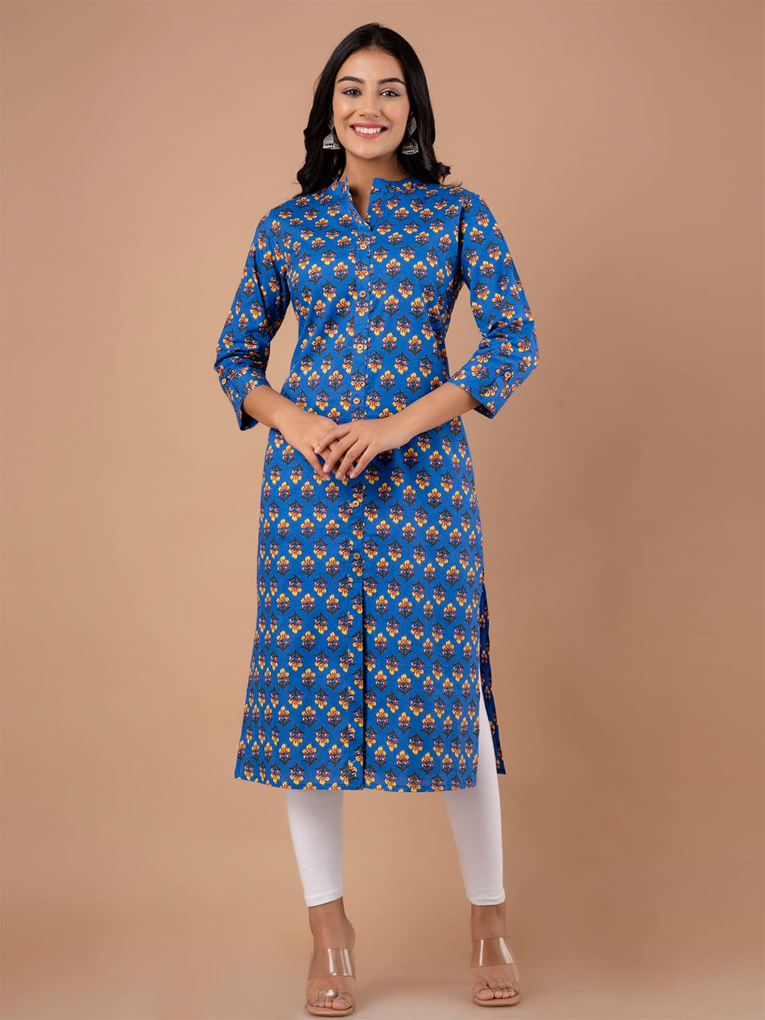 feranoid Pack of 1 Cotton Blend Printed Straight Women's Kurti - ( Blue )     			feranoid Pack of 1 Cotton Blend Printed Straight Women's Kurti - ( Blue )