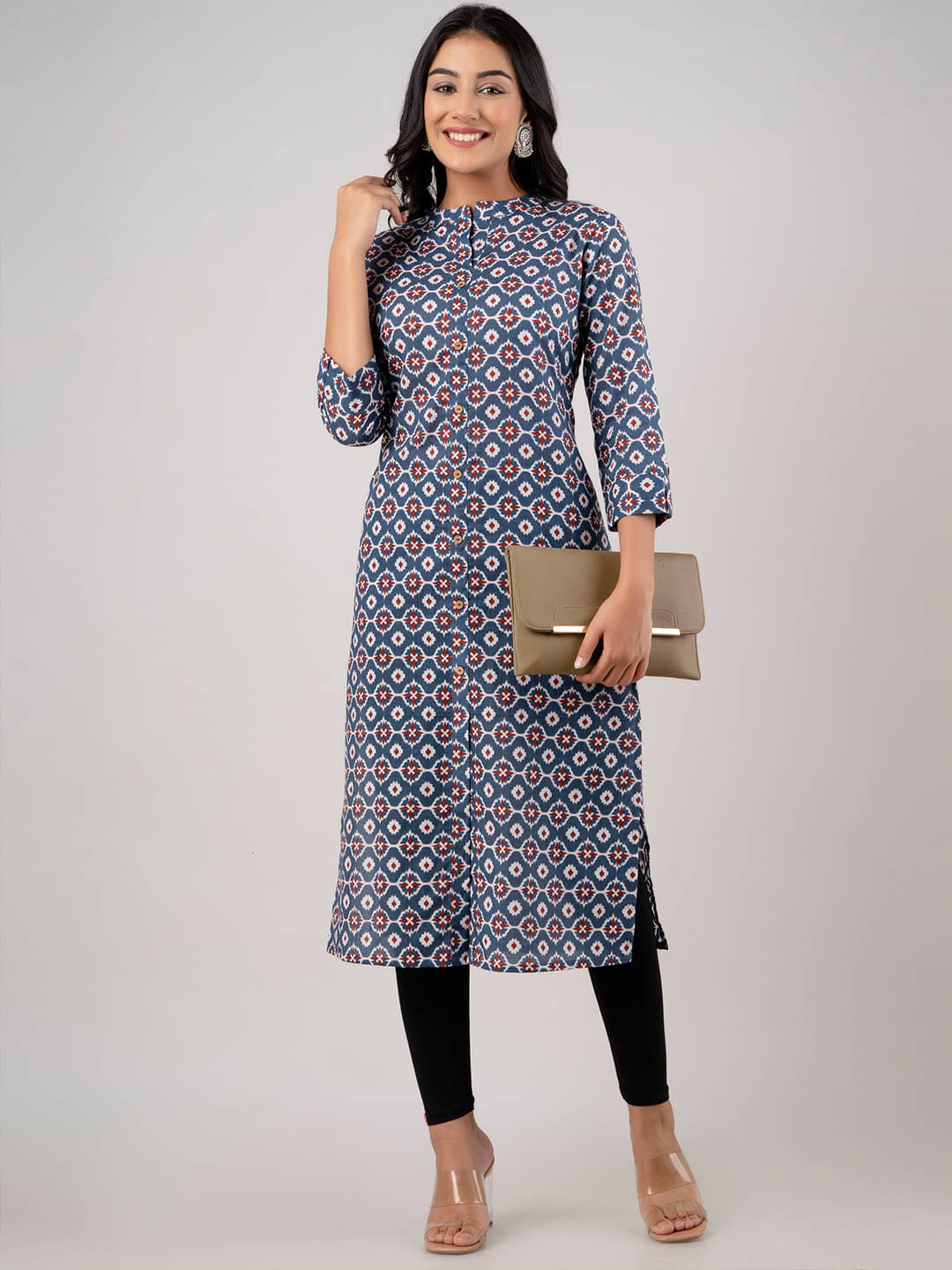     			feranoid Pack of 1 Cotton Blend Printed Straight Women's Kurti - ( Blue )