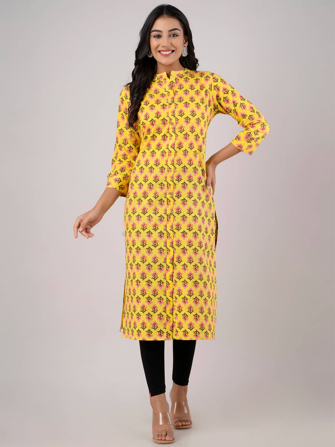     			feranoid Pack of 1 Cotton Blend Printed Straight Women's Kurti - ( Yellow )
