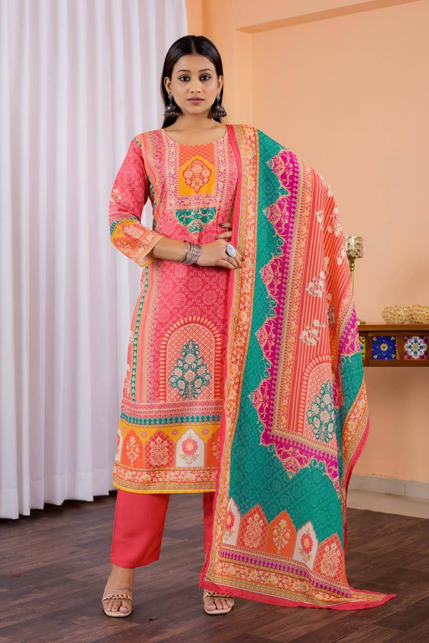 fvd Chanderi Printed Kurti With Pants Women's Stitched Salwar Suit - Multicolor ( Pack of 1 ) fvd Chanderi Printed Kurti With Pants Women's Stitched Salwar Suit - Multicolor ( Pack of 1 )