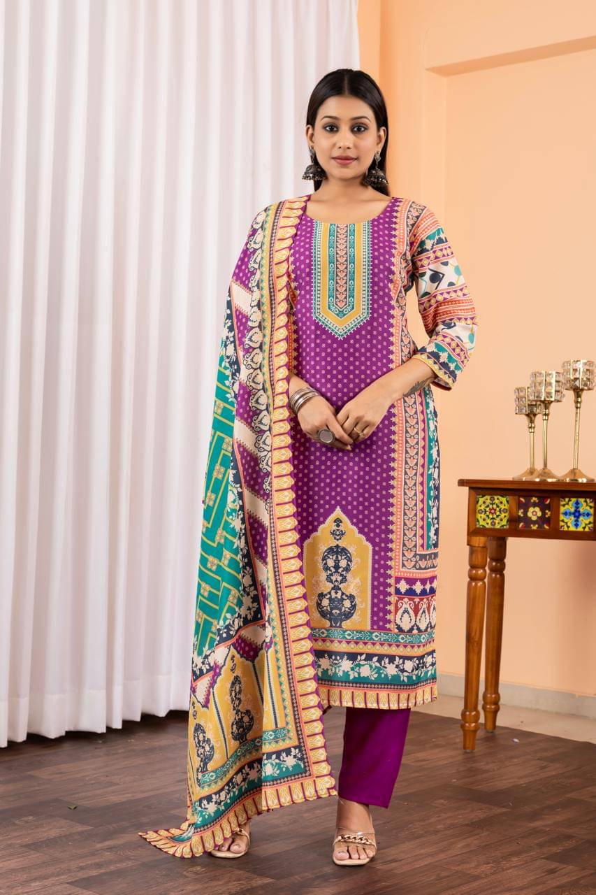     			fvd Chanderi Printed Kurti With Pants Women's Stitched Salwar Suit - Purple ( Pack of 1 )