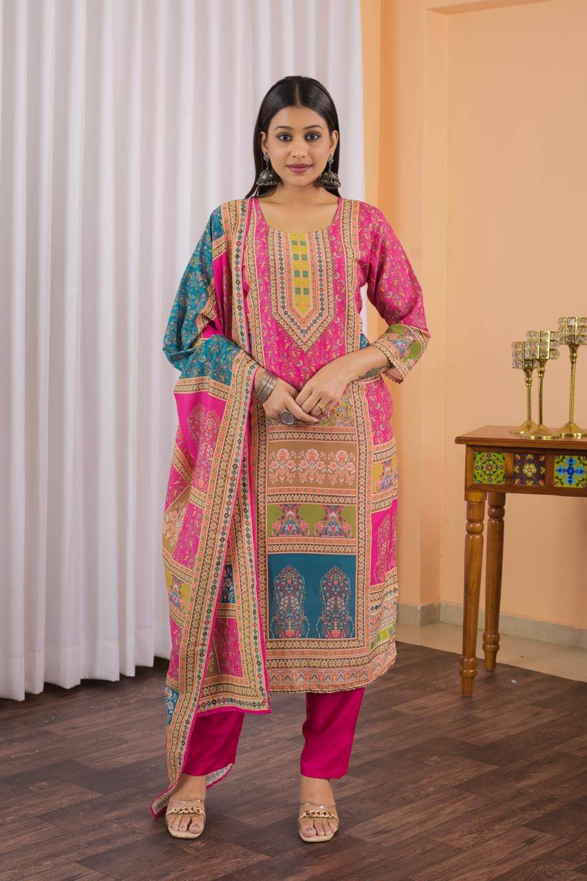     			fvd Chanderi Printed Kurti With Pants Women's Stitched Salwar Suit - Pink ( Pack of 1 )