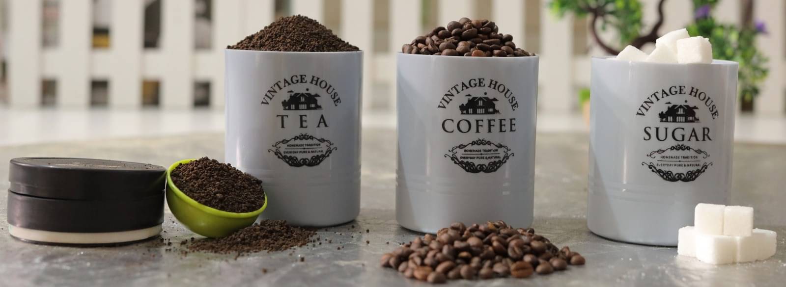    			omortex Plastic Grey Tea/Coffee/Sugar Container ( Set of 3 )