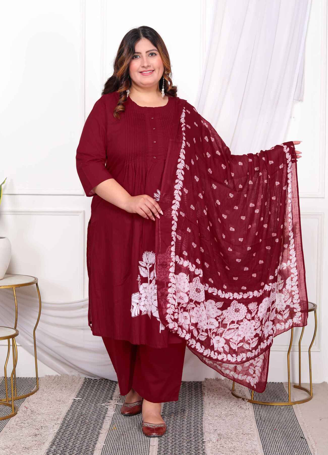     			Doriyaan Cotton Printed Kurti With Palazzo Women's Stitched Salwar Suit - Wine ( Pack of 1 )