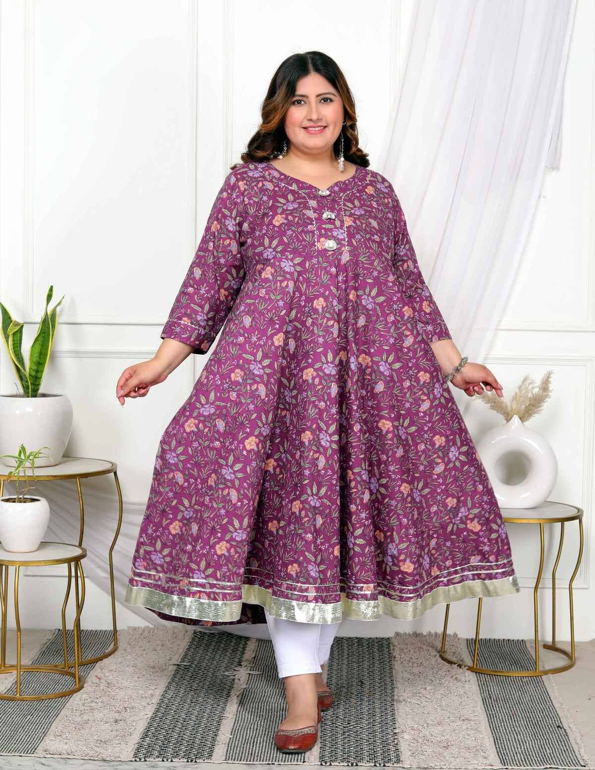 Doriyaan Pack of 1 Cotton Printed Anarkali Women's Kurti - ( Purple ) - Kurtis, Tunics | Buy online on ZillyBuy