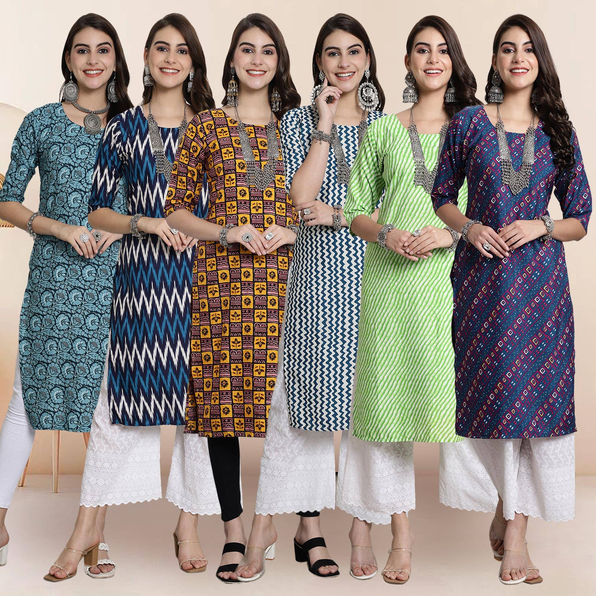 Ethnicbasket Pack of 6 Crepe Printed Straight Women's Kurti - ( Multicolor1 ) Ethnicbasket Pack of 6 Crepe Printed Straight Women's Kurti - ( Multicolor1 )