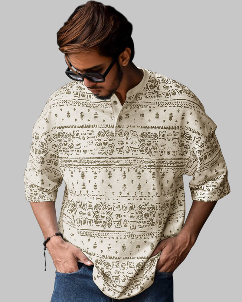 Eyebogler Cotton Blend Oversized Fit Printed Half Sleeves Men's Henley T-Shirt - Beige ( Pack of 1 )