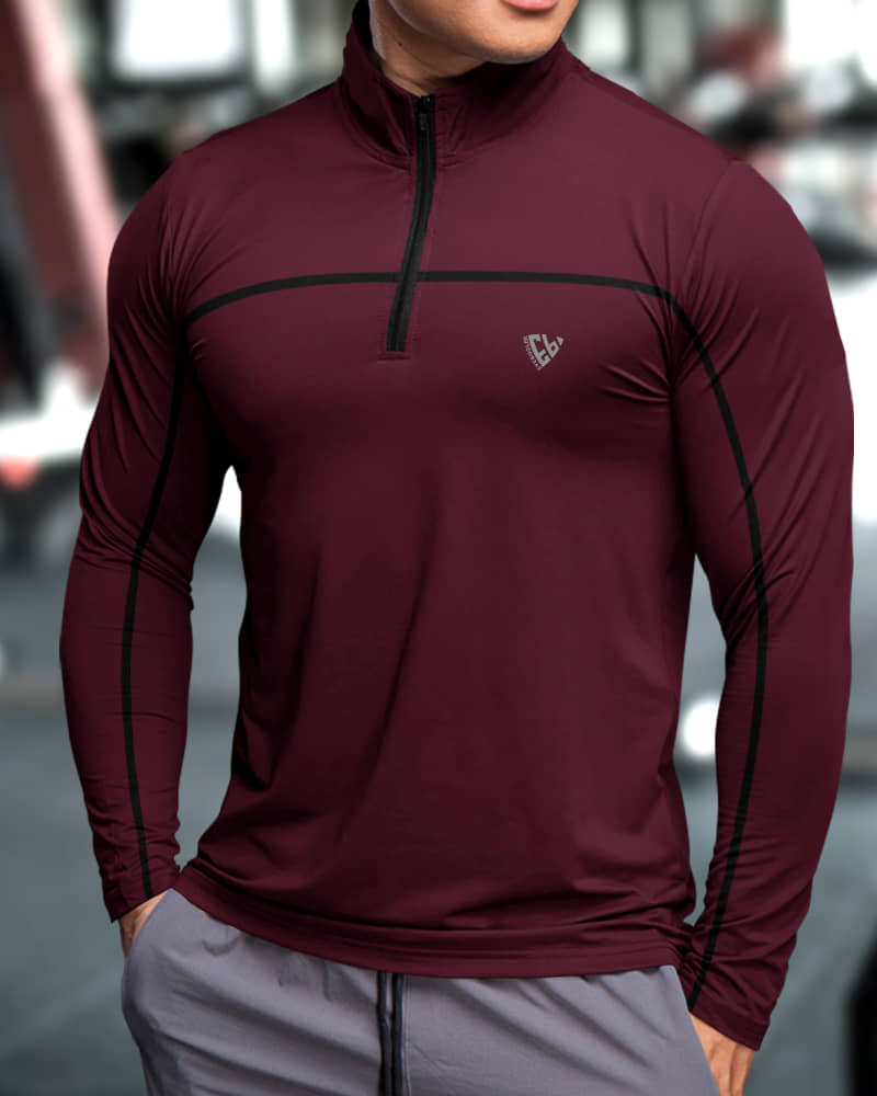 Eyebogler Polyester Regular Fit Striped Full Sleeves Men's High Neck T-Shirt - Maroon ( Pack of 1 )