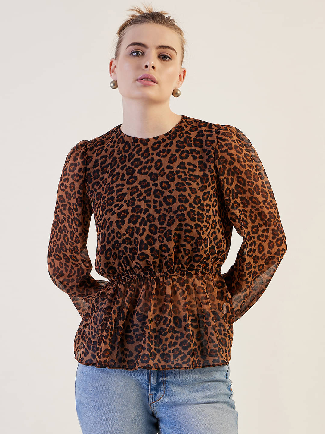     			Freehand Women's Polyester Peplum Top ( Brown )