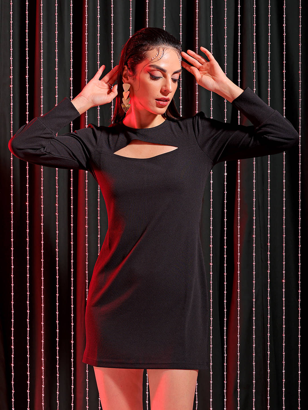     			Freehand Women Elastane Solid Cut Out Dress ( Black )