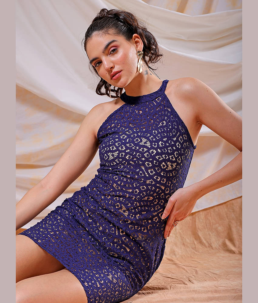 Freehand Women Polyester Solid Bodycon Dress ( Navy Blue )