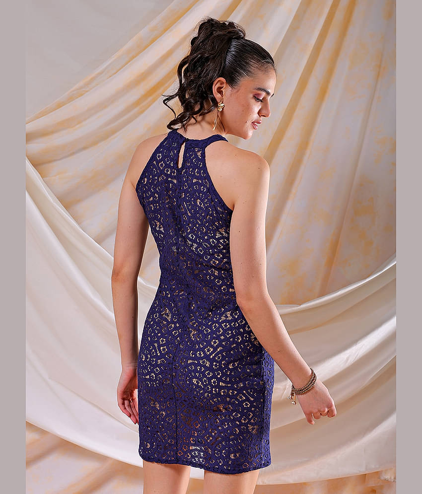 Freehand Women Polyester Solid Bodycon Dress ( Navy Blue )