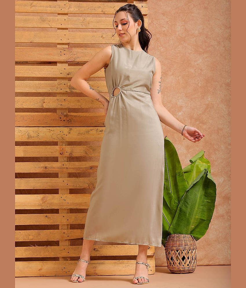 Freehand Women Polyester Solid Asymmetric Dress ( Grey )