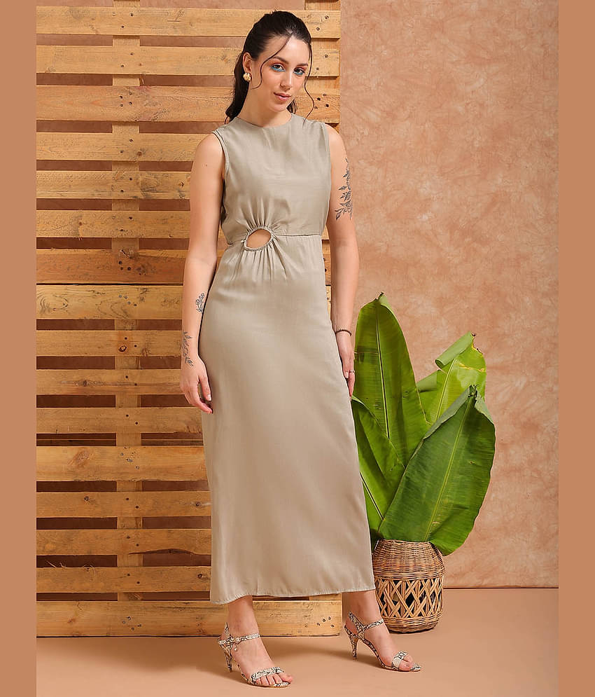 Freehand Women Polyester Solid Asymmetric Dress ( Grey )