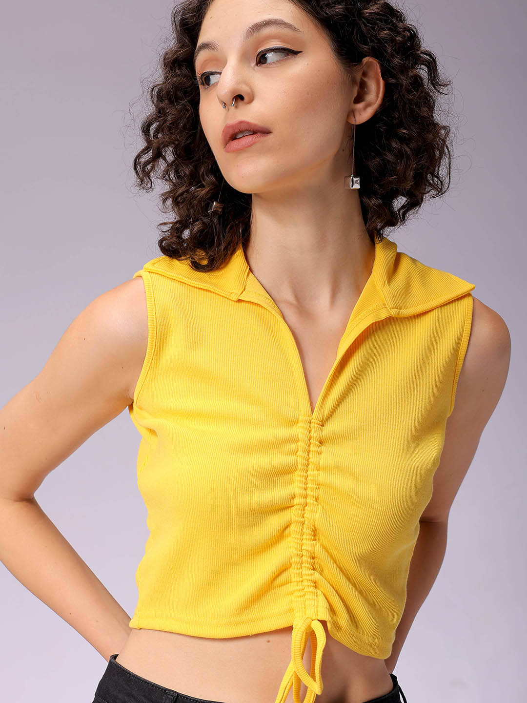 Freehand Women's Polyester Drawstring Top ( Yellow )     			Freehand Women's Polyester Drawstring Top ( Yellow )