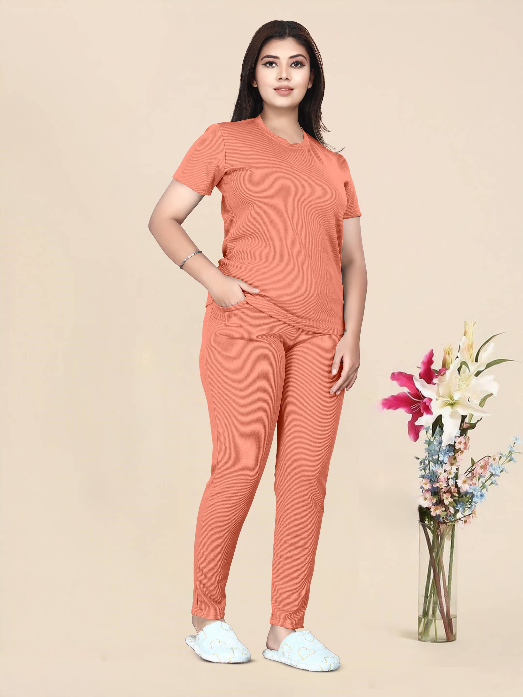     			INFRIM Peach Cotton Blend Solid Tracksuit - Pack of 1