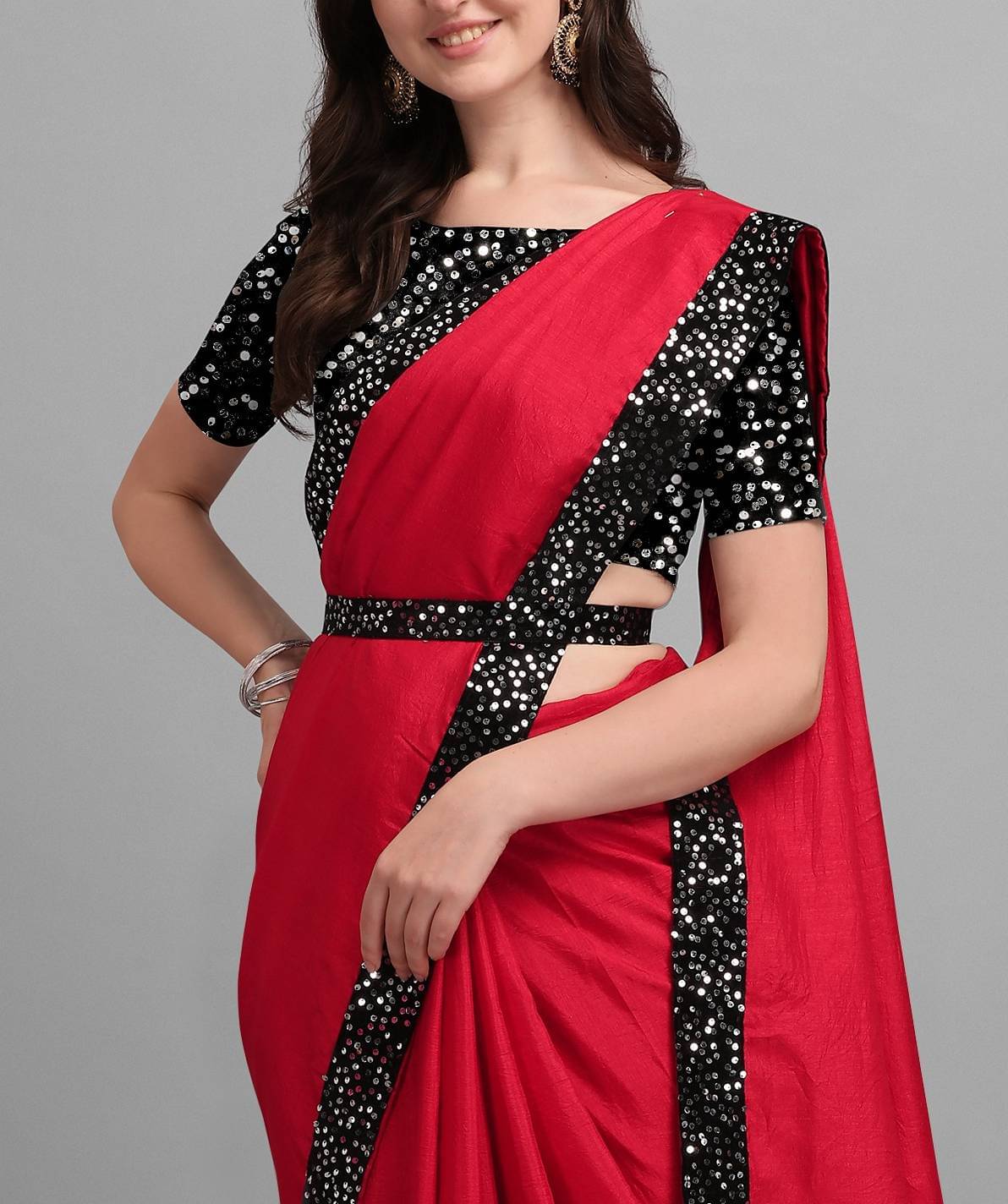    			Parmila Fashion Chiffon Embellished Saree With Unstitched Blouse Piece ( Red )