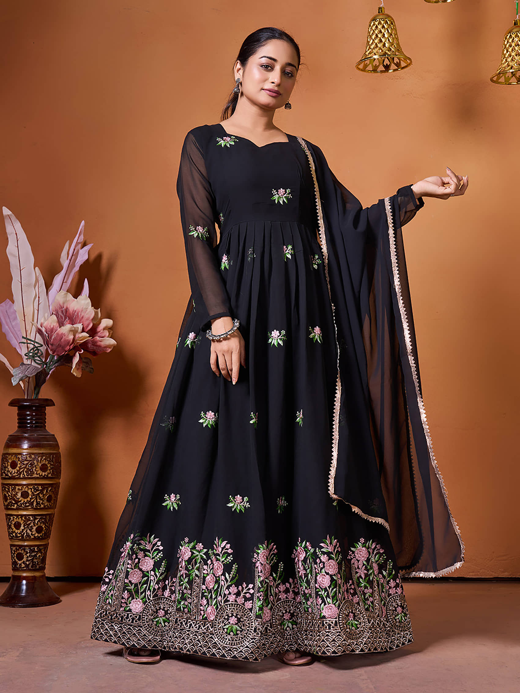 Trijal Fab Black Anarkali Georgette Women's Stitched Ethnic Gown ( Pack of 1 ) - Unstitched Fabrics | Buy online on ZillyBuy