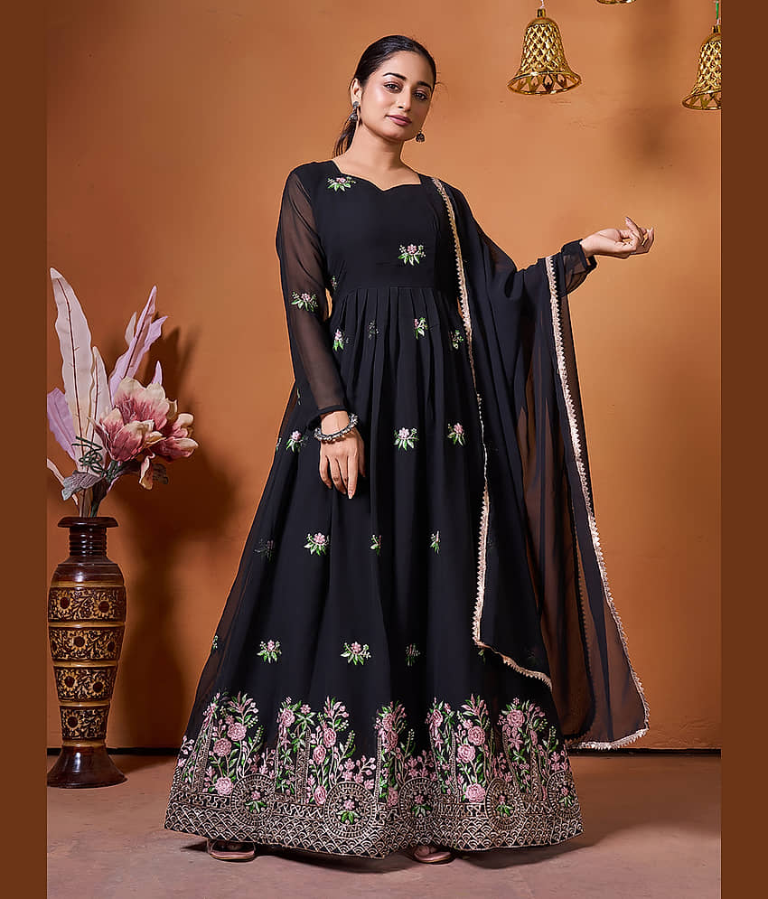 Trijal Fab Black Anarkali Georgette Women's Stitched Ethnic Gown ( Pack of 1 ) - Unstitched Fabrics | Buy online on ZillyBuy