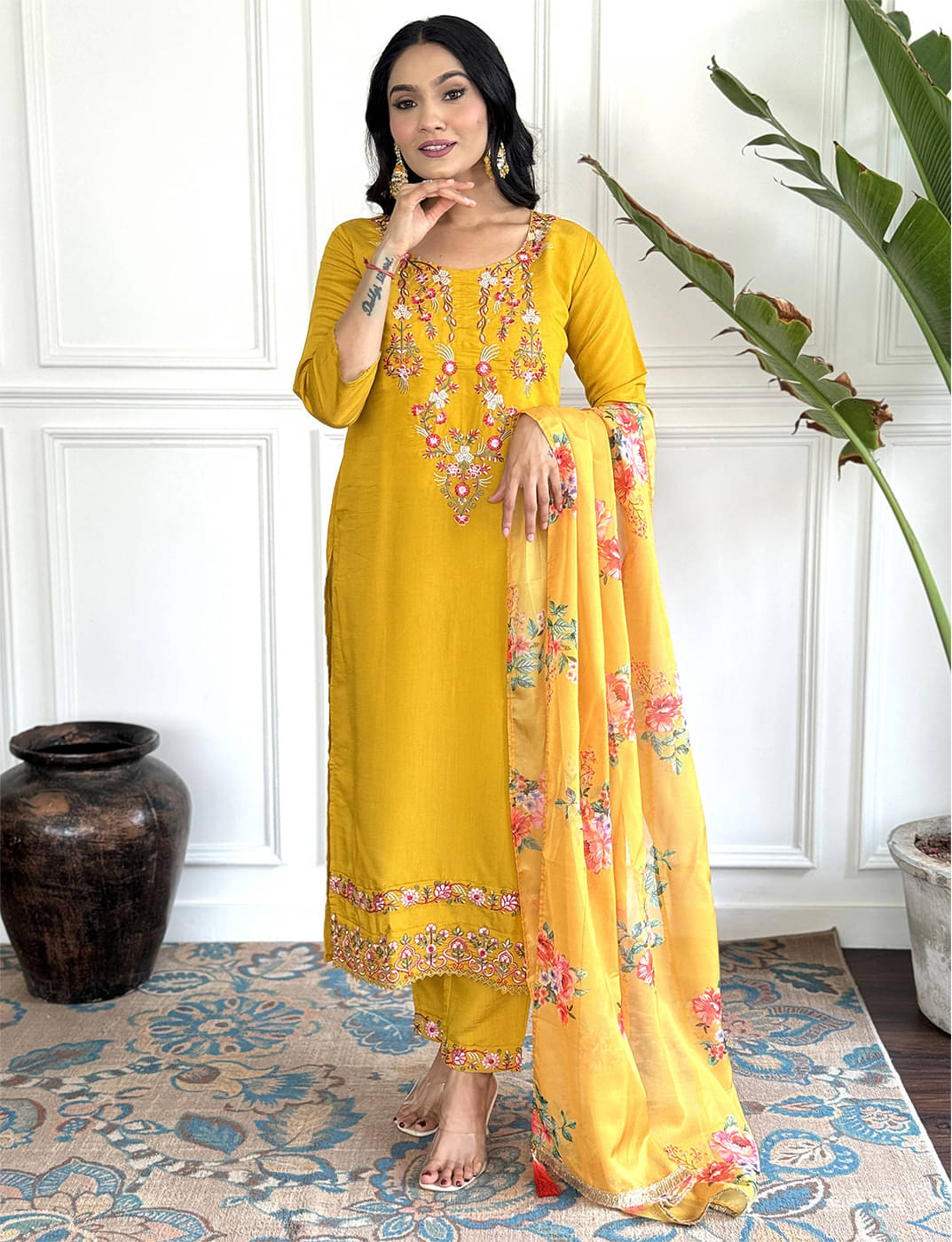 Trijal Fab Cotton Silk Embroidered Kurti With Pants Women's Stitched Salwar Suit - Yellow ( Pack of 1 ) Trijal Fab Cotton Silk Embroidered Kurti With Pants Women's Stitched Salwar Suit - Yellow ( Pack of 1 )